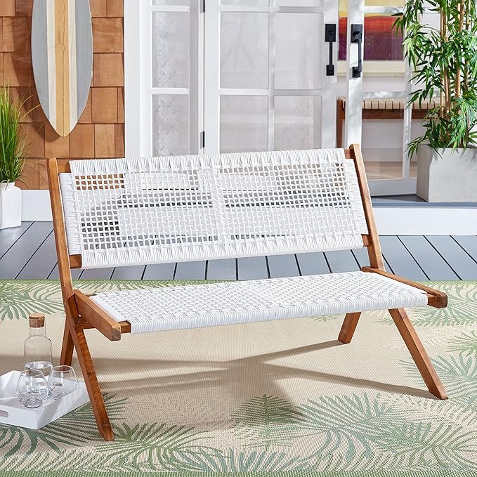 SAFAVIEH Outdoor Collection Kobina Natural Acacia Wood/White Rope Foldable Bench