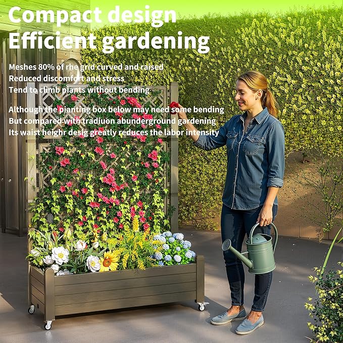 Raised Garden Bed with Trellis, 21 Gallon Self Watering Planter Box with Lockable Wheels & Drainage Holes for Climbing Plants Vegetables Flowers, Anti-Rust Resin for Backyard Patio (Grey)