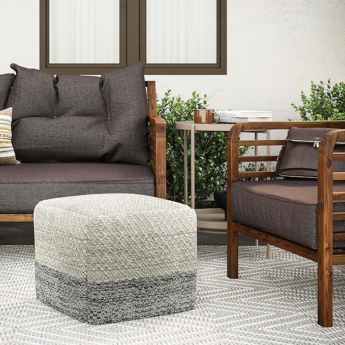 SIMPLIHOME Macie Square Pouf - 18 inch Wide Handcrafted PET Polyester Ottoman in Grey and White, Boho Indoor/Outdoor Footstool or Extra Seating for Living Room with Polystyrene Bead Filling, Assembled
