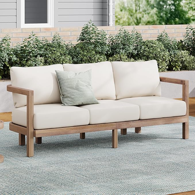 Merax 3 Seater Outdoor Acacia Wood Patio Sofa with Cushions for Porch, Garden, Backyard, Balcony, Brown wash, Beige Cushion