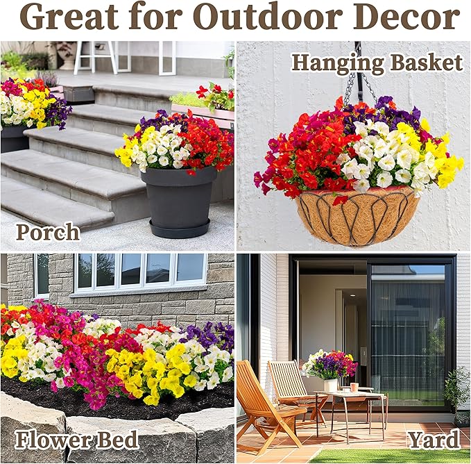 20PCS Artificial Fake Flowers for Outdoors/Indoors, Faux Silk Colorful Morning Glory with Eucalyptus, UV Resistant Realistic Floral Arrangement for Garden Porch Window Box Home Balcony Yard (5 Colors)