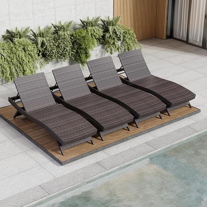 Nestl Chaise Lounge Chair Outdoor Set of 4, Wicker Patio Lounge Chair, Outdoor Lounge Chair with Reclining Backrest