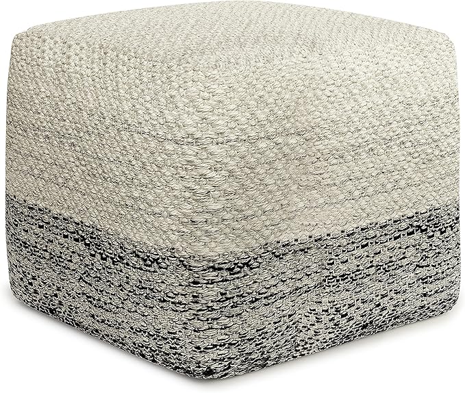 SIMPLIHOME Macie Square Pouf - 18 inch Wide Handcrafted PET Polyester Ottoman in Grey and White, Boho Indoor/Outdoor Footstool or Extra Seating for Living Room with Polystyrene Bead Filling, Assembled