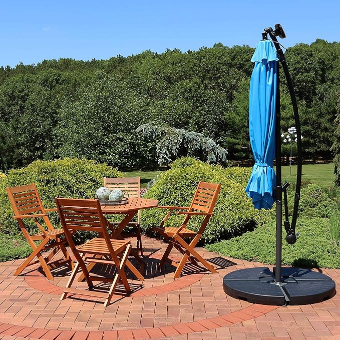 Sunnydaze 10' Solar Offset Patio Umbrella - Solar Cantilever Umbrella Outdoor with LED Lights - Polyester Shade, Air Vent, & Cross Base