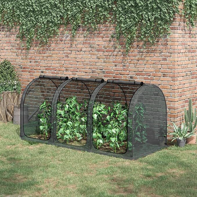Outsunny 9' x 4' Crop Cage, Plant Protection Tent with Three Zippered Doors, Storage Bag and 4 Ground Stakes, for Garden, Yard, Lawn, Black