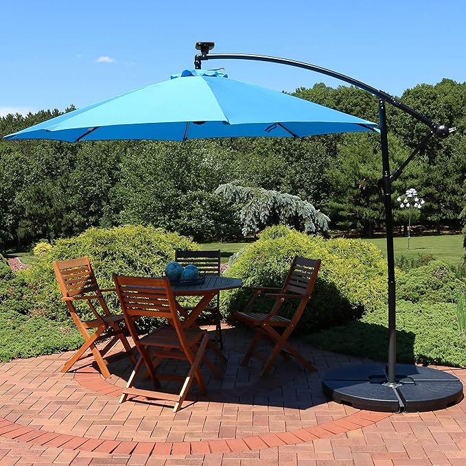 Sunnydaze 10' Solar Offset Patio Umbrella - Solar Cantilever Umbrella Outdoor with LED Lights - Polyester Shade, Air Vent, & Cross Base