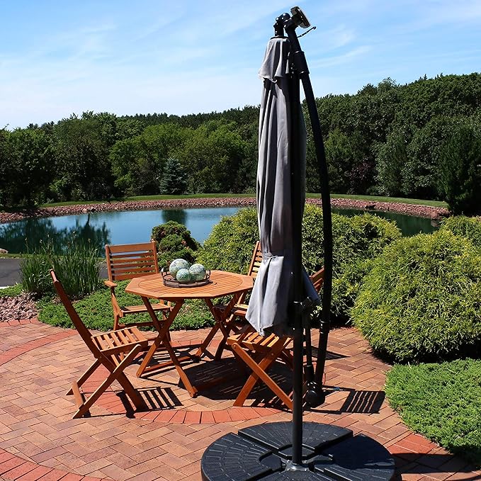 Sunnydaze 10' Solar Offset Patio Umbrella - Solar Cantilever Umbrella Outdoor with LED Lights - Polyester Shade, Air Vent, & Cross Base