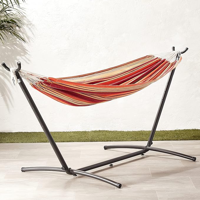 Amazon Basics Double Hammock with 9-Foot Space Saving Steel Stand and Carrying Case, 2 Person, 450 lb Capacity, Sunset Orange Stripe, 110" x 47" x 43", Outdoor