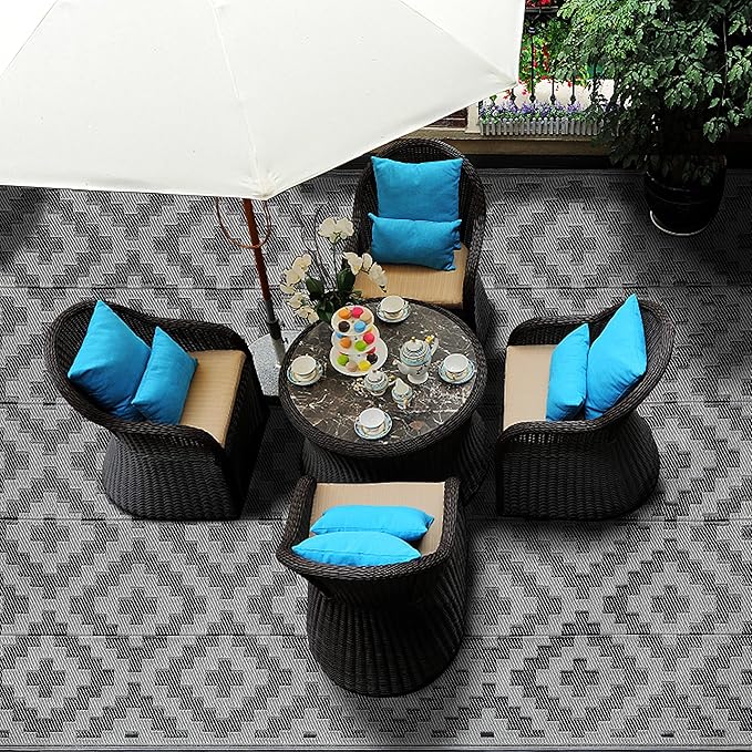 SAND MINE Waterproof Outdoor Rug 6x9 ft, Plastic Reversible Rug, Modern Area Rug, Large Floor Mat for Outdoors, RV, Patio, Backyard, Deck, Picnic, Beach, Camping, Black Grey Lattice
