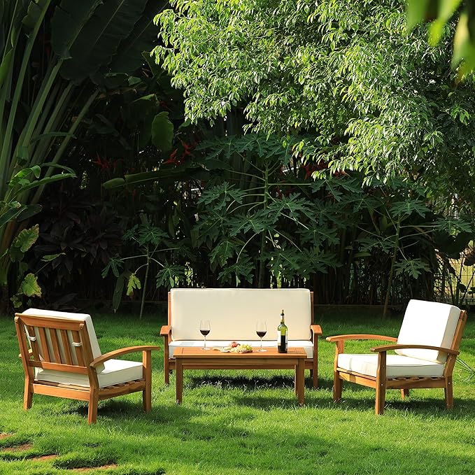 IDZO Laurent 800lbs Capacity Acacia Outdoor Loveseat, FSC Certified 2 Seater Patio Sofa with 3.9in Thick Cushions, Teak Finish Porch Couch for Garden Backyard
