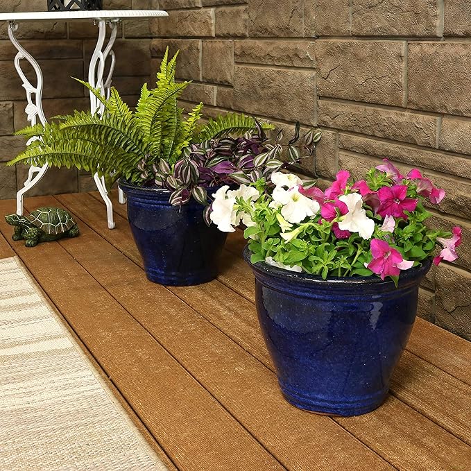Sunnydaze Round Ceramic Planter - Set of 2 Indoor or Outdoor Plant Pots with Drainage Hole - Studio - 11" - Imperial Blue Glaze
