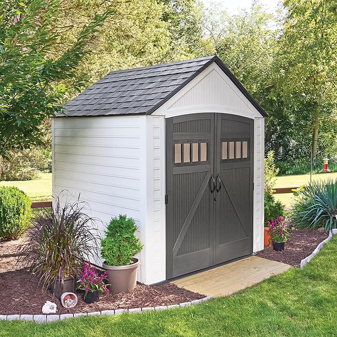 Rubbermaid Resin Outdoor Storage Shed With Floor (7 x 7 Ft) Weather Resistant, White, Organization for Home/Backyard/Garden Tools/Lawn Mower/Bike Storage/Pool Supplies