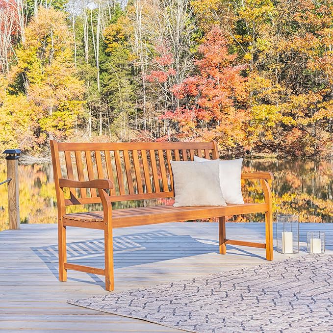 JONATHAN Y BNH101A Laurel 59.1" 3-Seat Slat-Back 600-Lbs Support Acacia Wood Outdoor Garden Patio Bench for Garden, Lawn, Backyard, Pool, Deck, Beach, Firepit, Teak