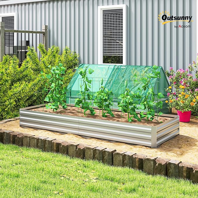 Outsunny Galvanized Raised Garden Bed, 8' x 3' x 1' Metal Planter Box, for Growing Vegetables, Flowers, Herbs, Succulents, Silver