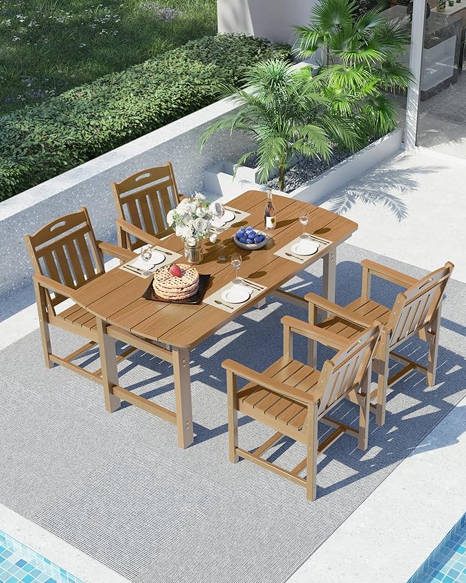 Ciokea HDPE Outdoor Dining Set, 5-Piece Patio Table and Chairs Set with Umbrella Hole, All-Weather Patio Dining Sets for 4, Durable Patio Furniture for Backyard, Garden, Lawn & Poolside, Teak