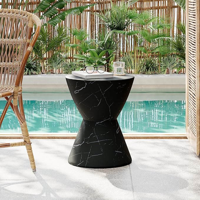 Christopher Knight Home Outdoor Side Table,Hourglass Shape Side Table,Patio Garden Stool Coffee End Table,Decorative Garden Stool for Patio,or Balcony,Lightweight Concrete Material,Black Marble