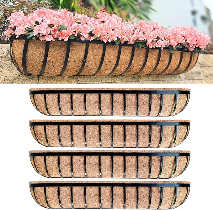 LaLaGreen Wall Hanging Planters (48 Inch, 4 Pack) Long Window Flower Box Planter with Coco Liner, Black Metal Rectangular Outdoor Plants Attach to House Horse Trough Fence Balcony Garden Porch Patio