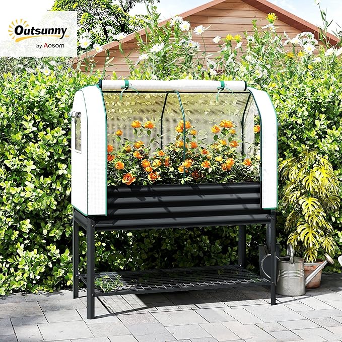 Outsunny Galvanised Raised Garden Bed with Greenhouse Cover, Metal Elevated Garden Bed with Legs, Bed Liner and Bottom Shelf, Outdoor Raised Planter Box for Vegetables, Herbs, Flowers, Black
