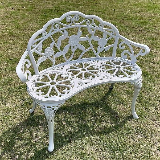 Mandolin Outdoor Benc Park Garden Chair,All Chair Anti Rust Cast Aluminum Patio Yard Bench,Carved Rose Loveseat Bench for Backyard .Porch.Balcony.Lawn (White)