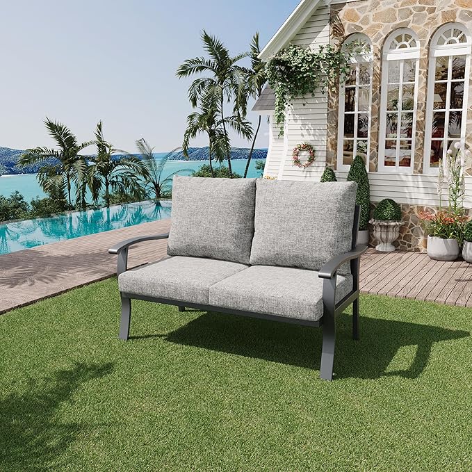 HOMREST Outdoor Loveseat Aluminum Patio Furniture Sofa, All-Weather Metal Outdoor Couch with Cushions, Grey
