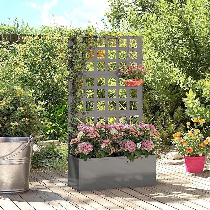 Outsunny Galvanized Raised Garden Bed with Trellis, Metal Planter Box with Drainage Holes, Outdoor Privacy Screen for Climbing Plants, Vegetable, Vines, 24" x 9" x 44.5", Gray