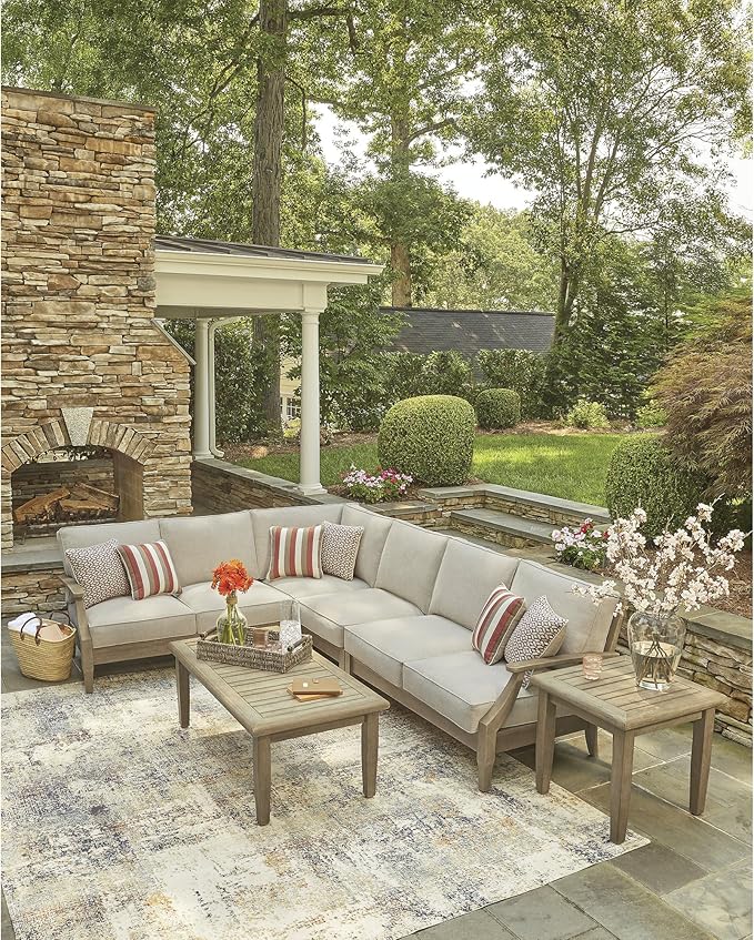 Signature Design by Ashley Clare View Left-Arm Facing Contemporary 4-Piece Outdoor Sectional with Cushion and 6 Throw Pillows, Beige