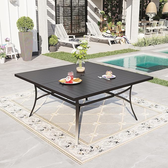 PHI VILLA Large Outdoor Square Dining Table for 8, 60" Metal Steel Slat Table with Umbrella Hole, Weather-Resistant Dining Fruniture for Patio, Deck, Backyard, Porch - Black