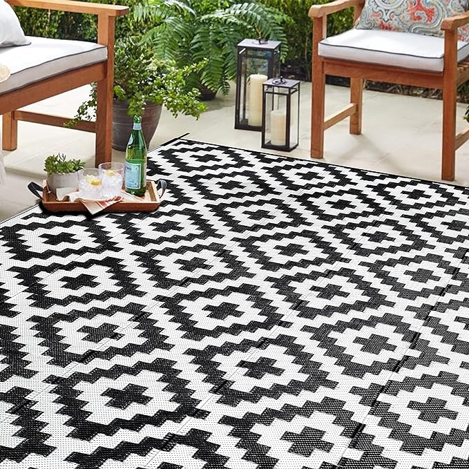 SAND MINE Waterproof Outdoor Rug 6x9 ft, Reversible Mats, Modern Area Rug, Large Floor Mat and Rug for Outdoors, RV, Patio, Backyard, Deck, Picnic, Beach, Trailer, Camping, Black & White Lattice