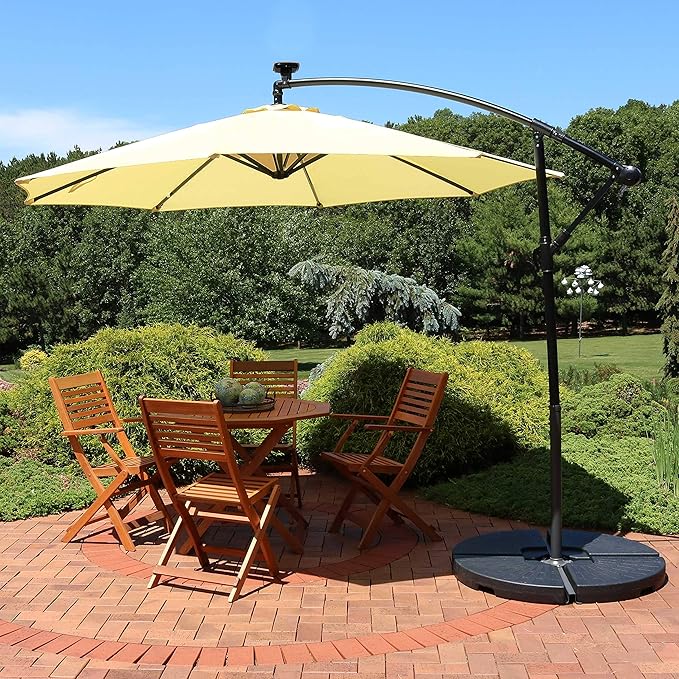 Sunnydaze 10' Solar Offset Patio Umbrella - Solar Cantilever Umbrella Outdoor with LED Lights - Polyester Shade, Air Vent, & Cross Base