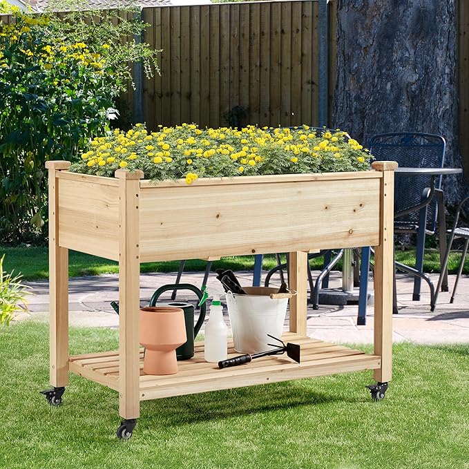 Yaheetech 42x23x33in Wooden Raised Garden Bed with Wheels Horticulture Flower Planter Boxes Elevated Vegetables Growing Bed for Grow Herbs and Vegetables