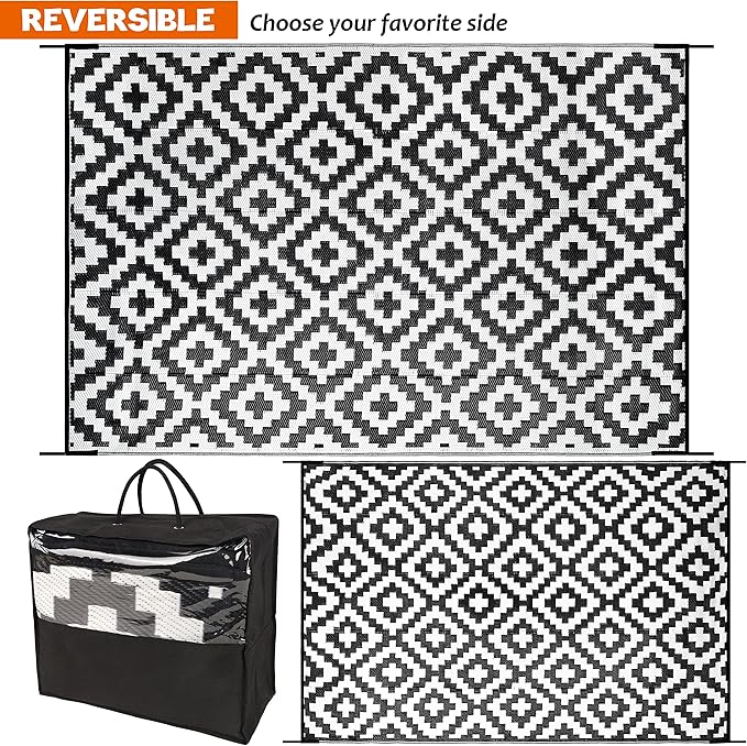 SAND MINE Waterproof Outdoor Rug 6x9 ft, Reversible Mats, Modern Area Rug, Large Floor Mat and Rug for Outdoors, RV, Patio, Backyard, Deck, Picnic, Beach, Trailer, Camping, Black & White Lattice