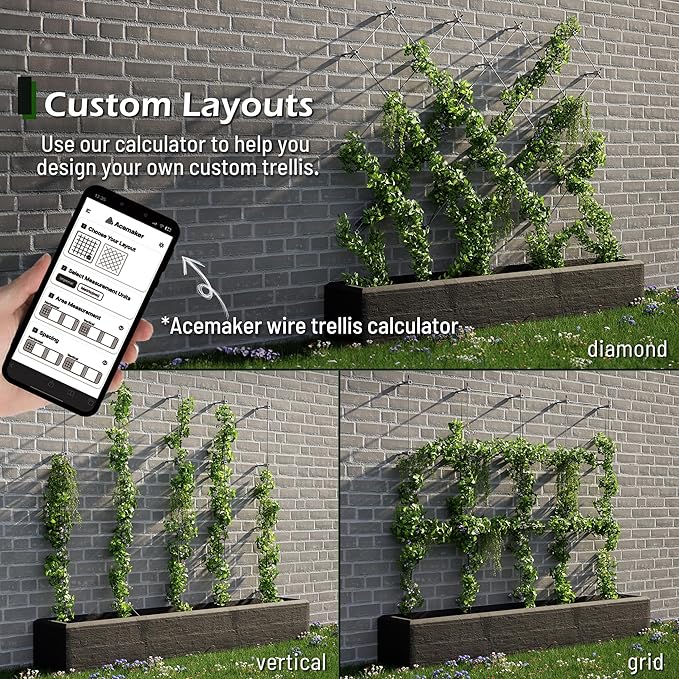 Wire Trellis for Climbing Plants Outdoor, 20-Set Wall Wire Trellis Kit with 1/8in x 98ft Stainless Steel Cable, T316 Espalier System for Fence and Garden DIY Projects