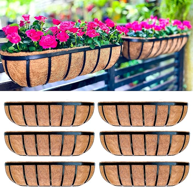 LaLaGreen Deck Railing Planter Boxes for Plants (24 Inch, 6 Pack) Metal Wall Planters for Outdoor Plants, Black Window Flower Boxes Deck Railings with Coco Liner Fence Balcony Patio Porch Over Rail