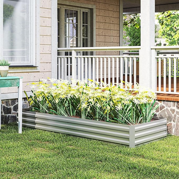 Outsunny Galvanized Raised Garden Bed, 8' x 3' x 1' Metal Planter Box, for Growing Vegetables, Flowers, Herbs, Succulents, Silver