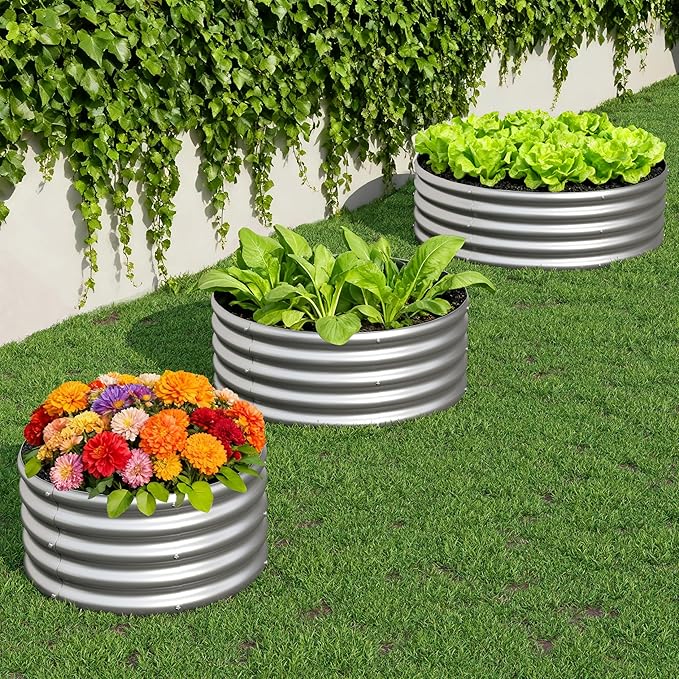 3PCS 2x2x1FT Galvanized Raised Garden Bed Kit,Vegetable Boxes-Round Metal Flower Box,Large Planter Raised Beds Outdoor Garden for Planting,Fruit,Herb-Silver