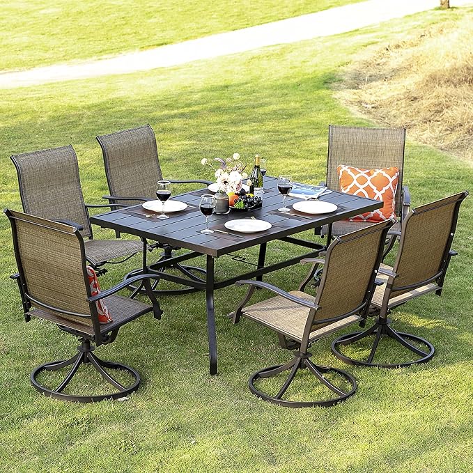 NUU GARDEN 7 Piece Outdoor Dining Set, 6 Swivel Patio Chairs and 1 Dining Table with 1.57 Inch Umbrella Hole, Iron Patio Furniture Set for Lawn Backyard Balcony, Black and Brown