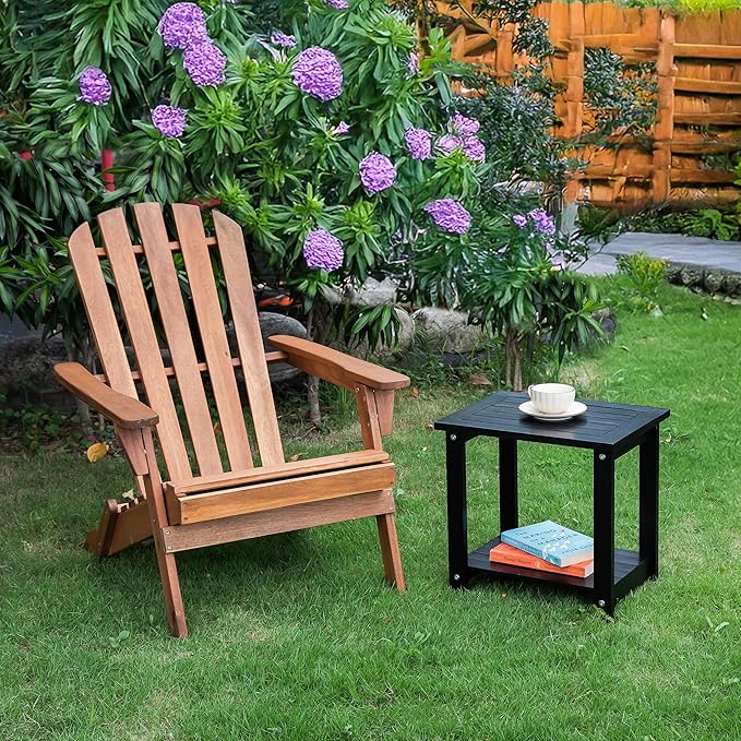 Black Adirondack Outdoor Accent Table – Weather-Resistant Acacia Wood Outdoor End Table with Double Storage, Small Porch Table for Patio, Garden, Lawn, Balcony, and Living Room Use