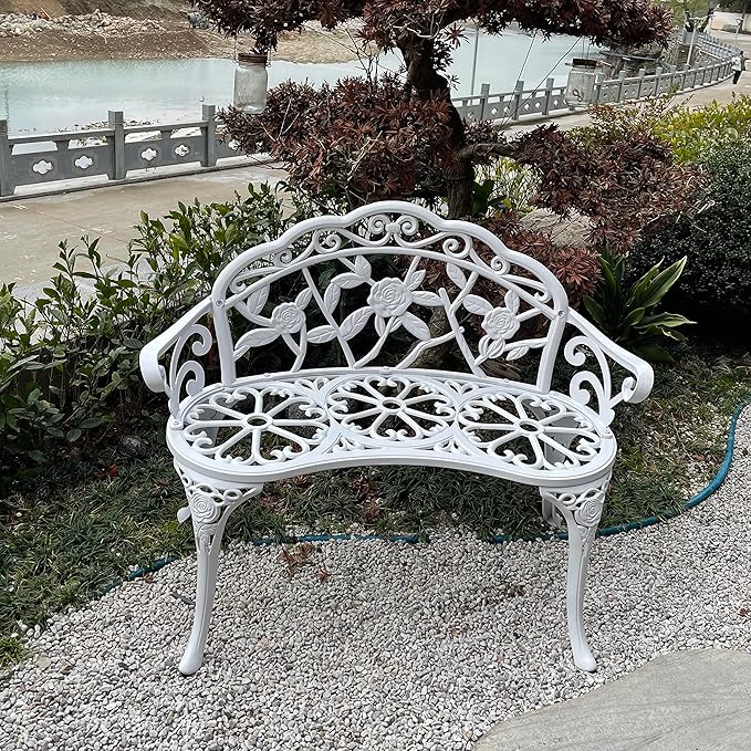 Mandolin Outdoor Benc Park Garden Chair,All Chair Anti Rust Cast Aluminum Patio Yard Bench,Carved Rose Loveseat Bench for Backyard .Porch.Balcony.Lawn (White)