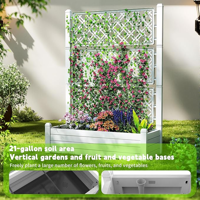EasyUp Raised Garden Bed with Trellis for Climbing Plants, Outdoor Herb Planter Box with Drainage Plug & Water Gauge, Durable Resin for Patio, Balcony, Yard, Dust-Proof Garden Planter