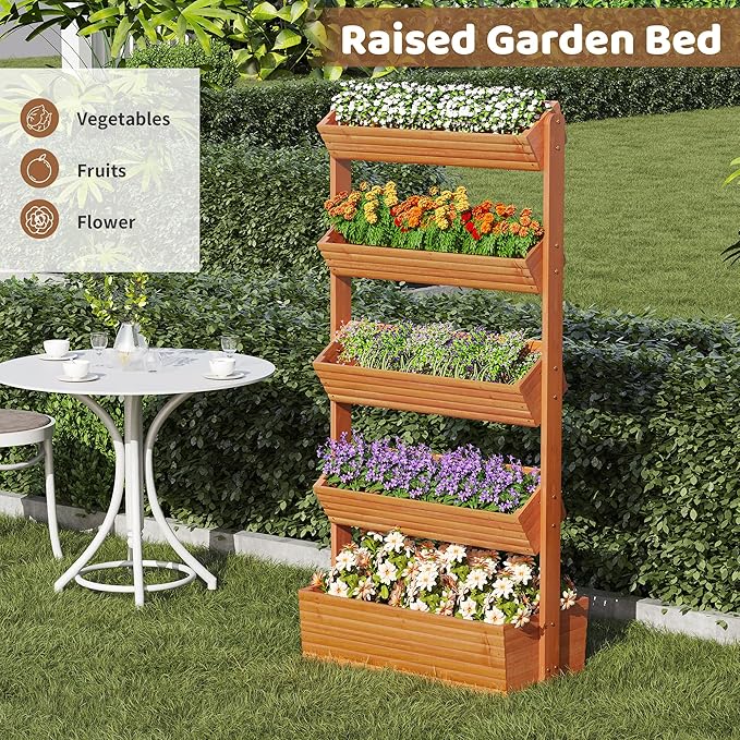 FILWH Wooden Raised Garden Bed Vertical Planter Box, Freestanding Plant Stand for Indoor Outdoor Plants, Herbs, Flowers, Vegetables, Gardening (Reddish Brown, 5-Tier，29.9 x 17.9 x 68in)