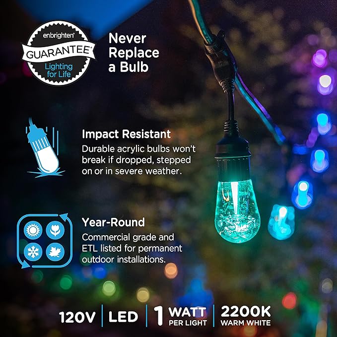 Enbrighten Vintage Outdoor String Lights, 24ft, 12 RGB Acrylic Bulbs, Weatherproof, RF Remote Control, Perfect for Holidays, Gameday, Parties, and More, 37791