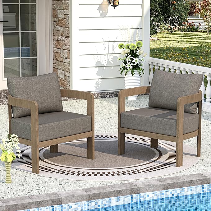 Outdoor Furniture Set, 2Pcs Patio Armchairs, Metal Modern Outside Furniture with 6'' Thick Cushions, Outdoor Conversation Set Balcony Chairs for Backyard, Porch,Deck,Brown