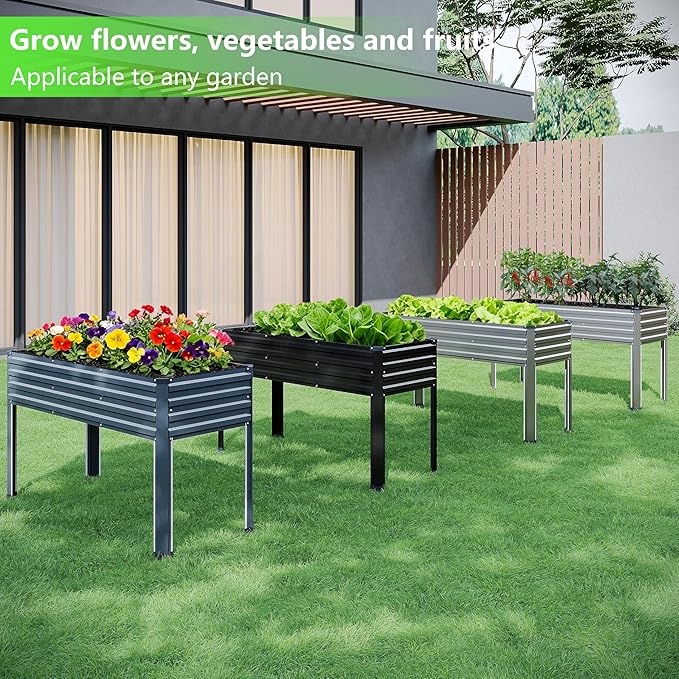 Vengarus Galvanized Raised Garden Bed Outdoor with Legs,48×18×30in Metal Elevated Raised Planter Box for Backyard, Patio, Balcony, 300lb Capacity,Black(2PCS)