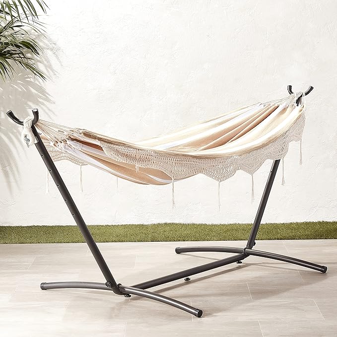 Amazon Basics Double Hammock with 9-Foot Space Saving Steel Stand and Carrying Case, 2 Person, 450 lb Capacity, Beige Stripe with Lace, 110" x 47" x 43"