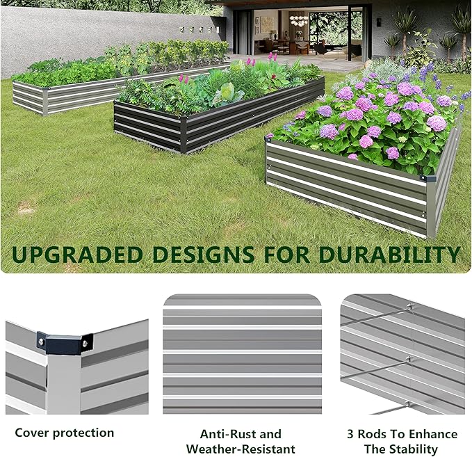 2PCS 9x3x1ft Galvanized Raised Garden Bed Kit,Metal Planter Box for Vegetables,Flowers,Herbs Durable Rust-Resistant Patio Gardening Beds,Silver