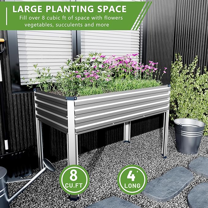 48×24×30in Galvanized Raised Garden Bed,Metal Elevated Planter Box with Legs for Patio,Balcony,Backyard,300lb Capacity,Silver