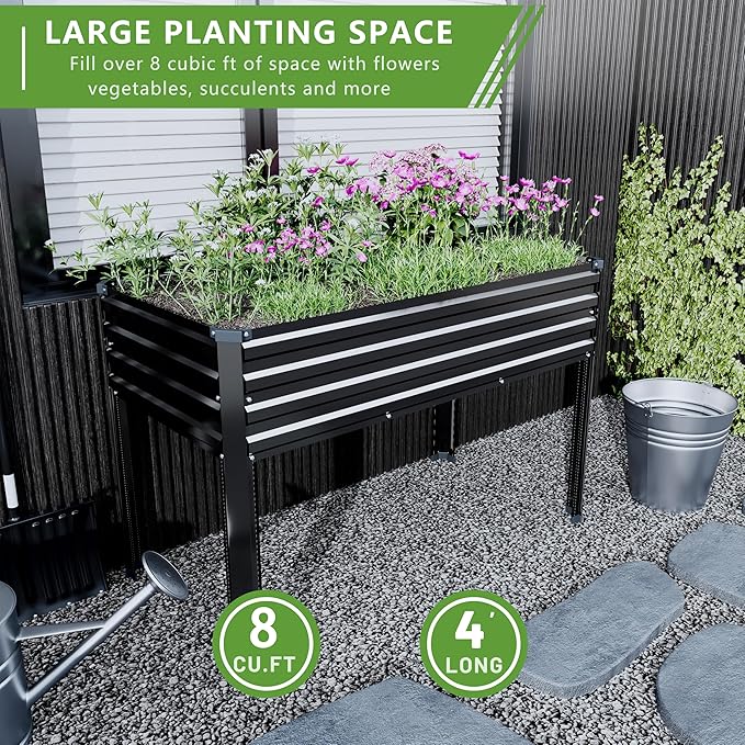48×24×30in Galvanized Raised Garden Bed,Metal Elevated Planter Box with Legs for Patio,Balcony,Backyard,300lb Capacity,Black