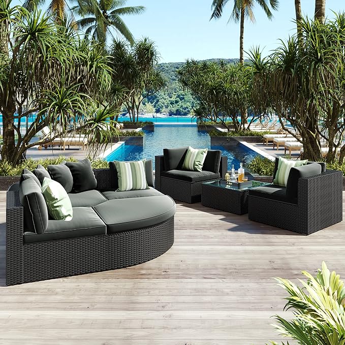 Merax 7-Piece Outdoor Wicker Sectional Sofa Set,Modular Rattan Conversation Set with Gray Cushions,Striped Green Pillows & Tempered Glass Coffee Table for Patio,Garden,Deck,Black
