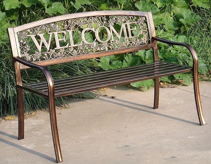 Leigh Country Metal Outdoor Bench, Welcome Design, Decorative Patio Seating for Porch/Deck