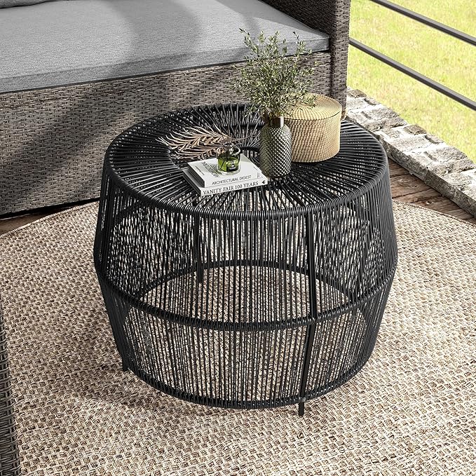 Furniture of America Ysar Boho Rattan Round Coffee Table Outdoor with Metal Frame, All-Weather and Rust Resistant, Handcrafted Coastal Furniture for Patio, Poolside, Garden, Yard, Black